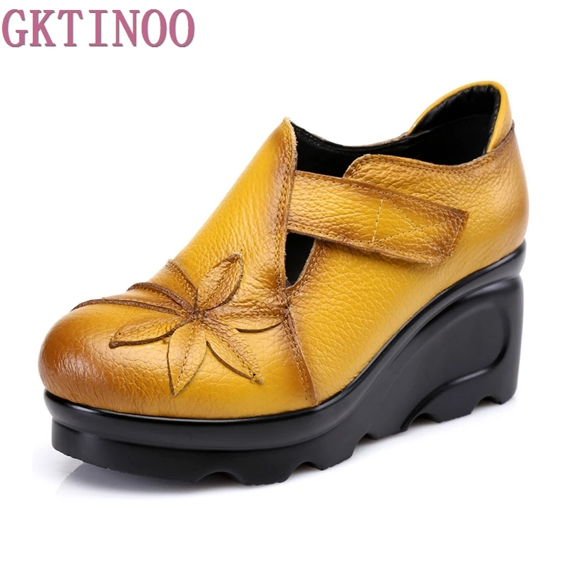 Prix Nouvelle Arrivée 2018 Femmes Automne En Cuir Véritable Talons hauts Chaussures À La Main Vintage Fleur Brodé Coins Chaussures Femme Pompes