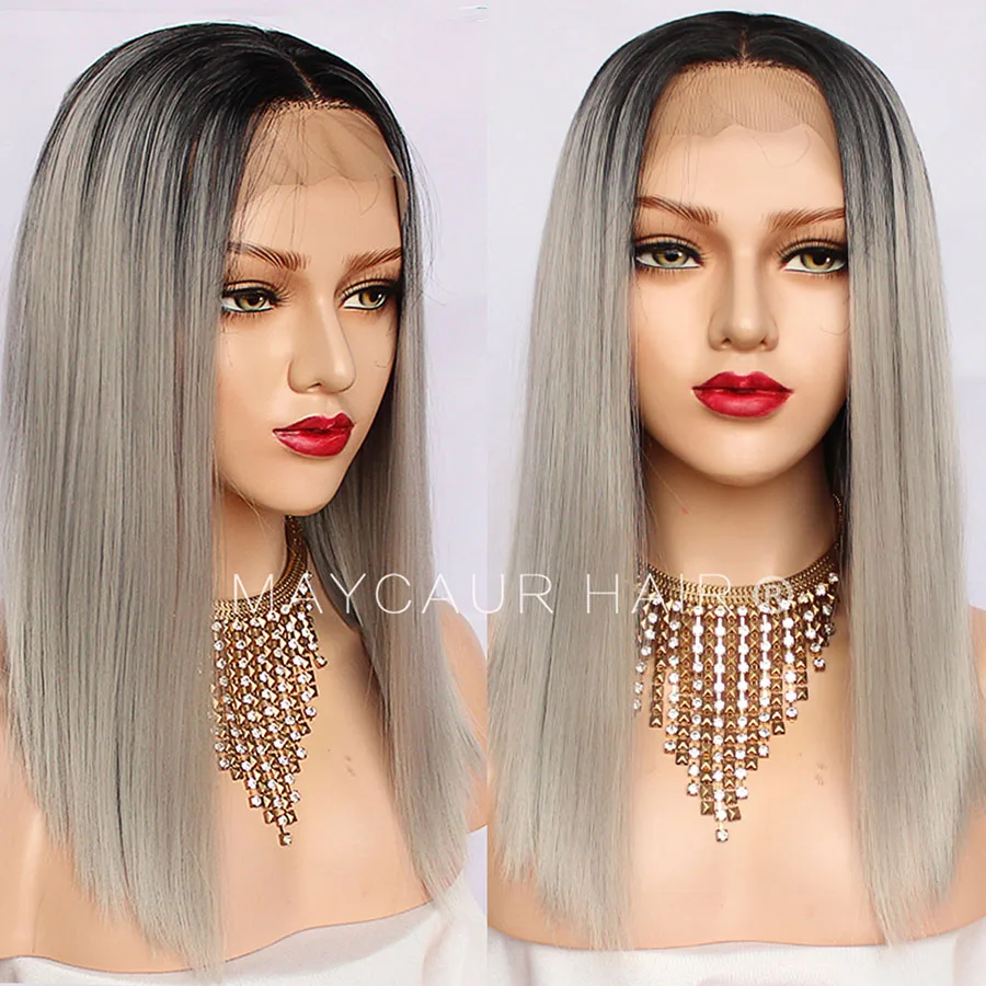 

Maycaur Black Grey Color Hair Short Bob Synthetic Lace Front Wigs Natural Hairline Heat Reasistant Lace Wigs for Black Women