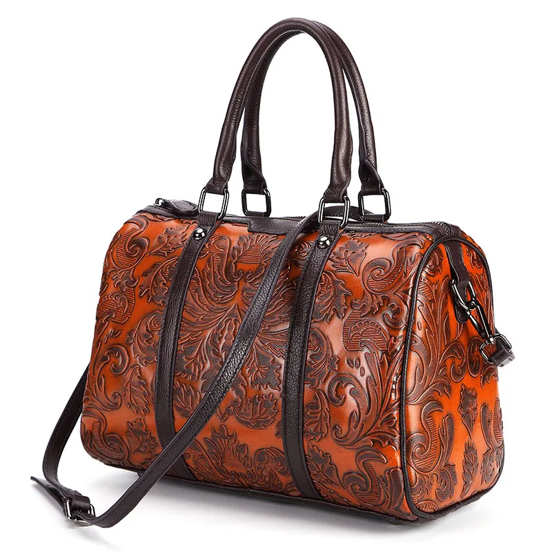 

Genuine Leather Handbag Women Messenger Bags Vintage Cross Body Shoulder Bags Floral Print Female Bolsa Boston Handbags Designer