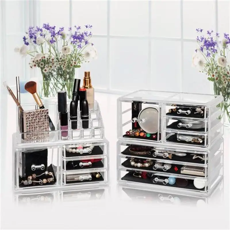Plastic Transparent Makeup Organizer Shelf Rack Cosmetics Jar Bottle Make Up Storage Rack Box With Drawer 4