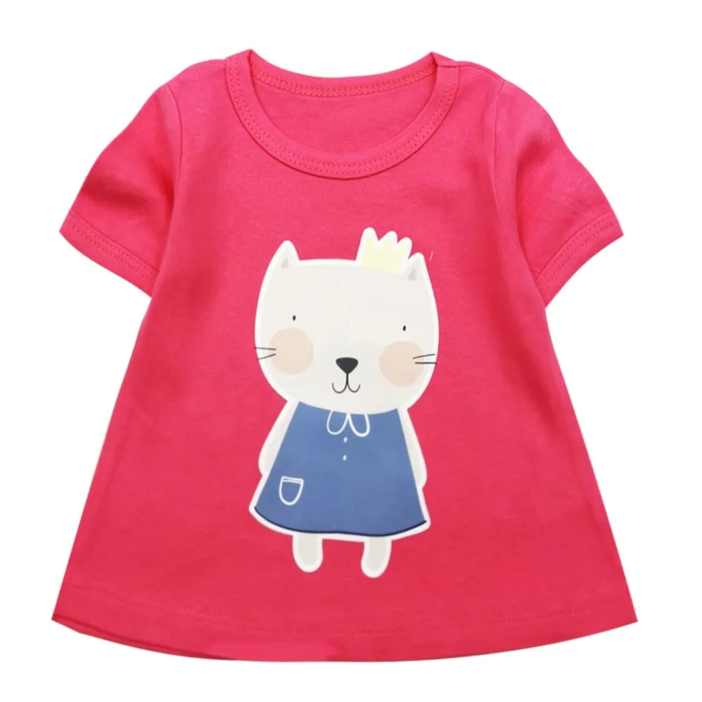 Одежда для маленьких девочек, короткая футболка, милая хлопковая Детская футболка с рисунком кота, новая летняя футболка для девочек - Цвет: Синий