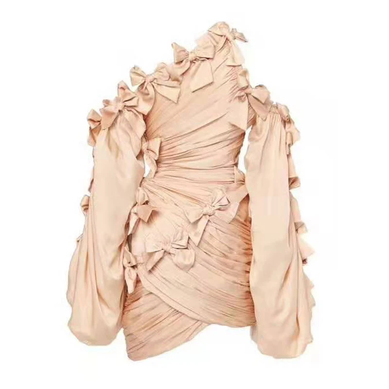 [LIVIVIO] сексуальное мини-платье с открытыми плечами, асимметричным вырезом и бантом, в стиле пэчворк, облегающее женское платье с рукавом-фонариком, для девушек, осень, новое поступление