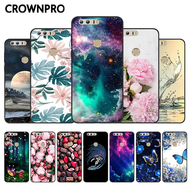 

CROWNPRO 5.2" Funda Huawei Honor 8 TPU Cover Silicone Huawei Honor 8 Back Case Protection Black Honor8 Cell Phone Cover Flowers