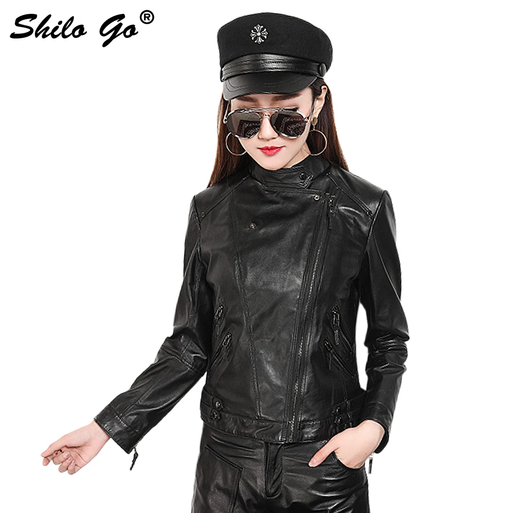 

SHILO GO New Fashion Street Women Casual locomotive lapel long sleeve zipper black Slim Sheepskin Genuine Leather Shorts Jacket