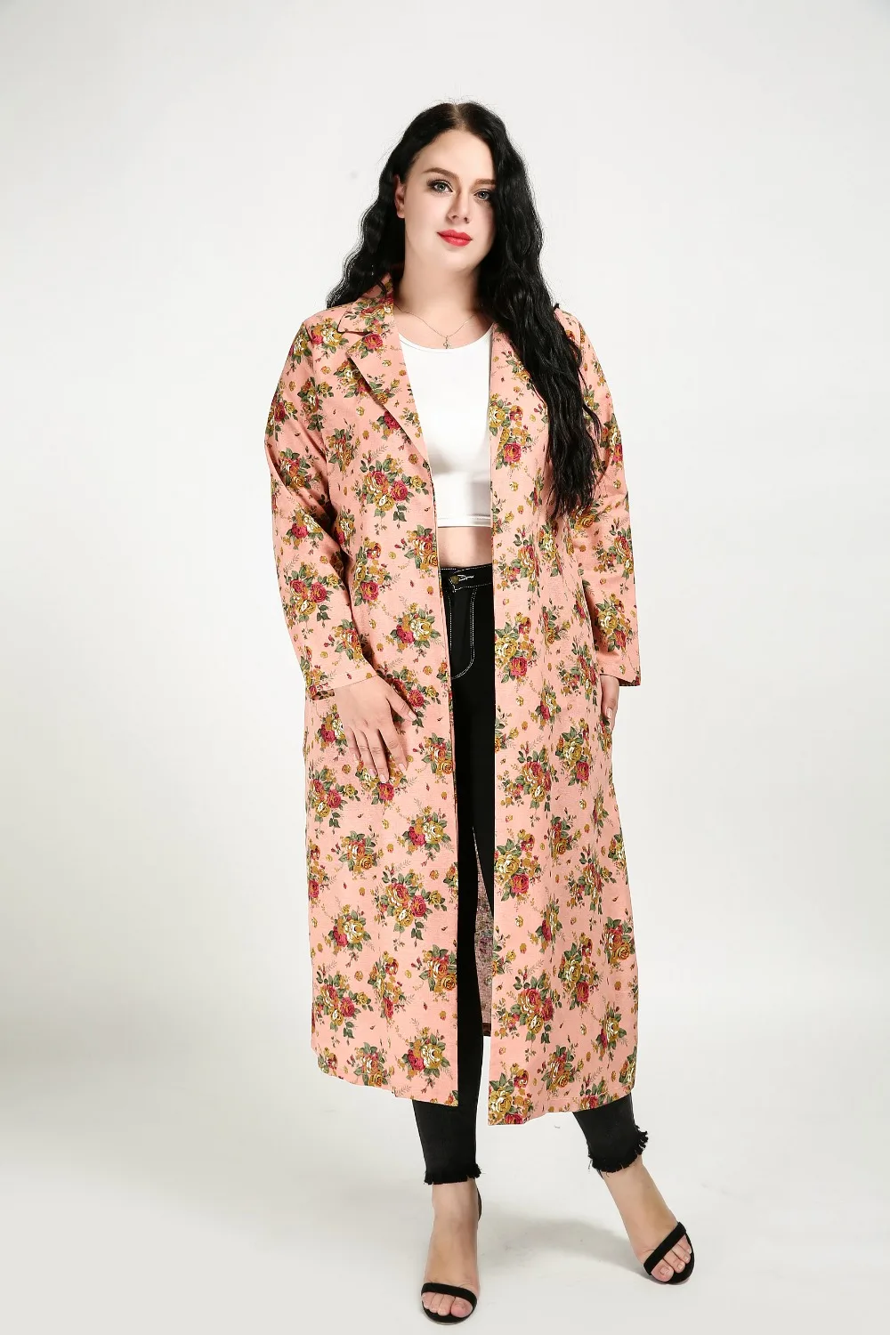 Women's Sexy Long Sleeve Floral Print Plus Size Vintage Trench Coat