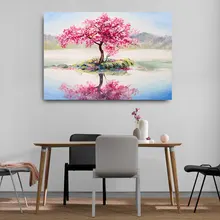 Enfeitar Home Decor HD Qualidade À Prova D’ Água Da Lona Pinturas A Óleo Sakura No Lago Cartazes De Parede Para Sala de estar Fotos Emolduradas
