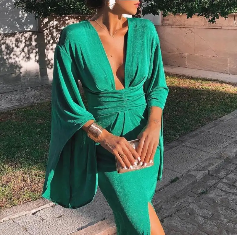 

Green Elegant Sexy Dress Summer 2019 Women Deep V Neck Bodycon Party Dresses Ladies Flare Sleeve Split Tunic Midi Dress Women