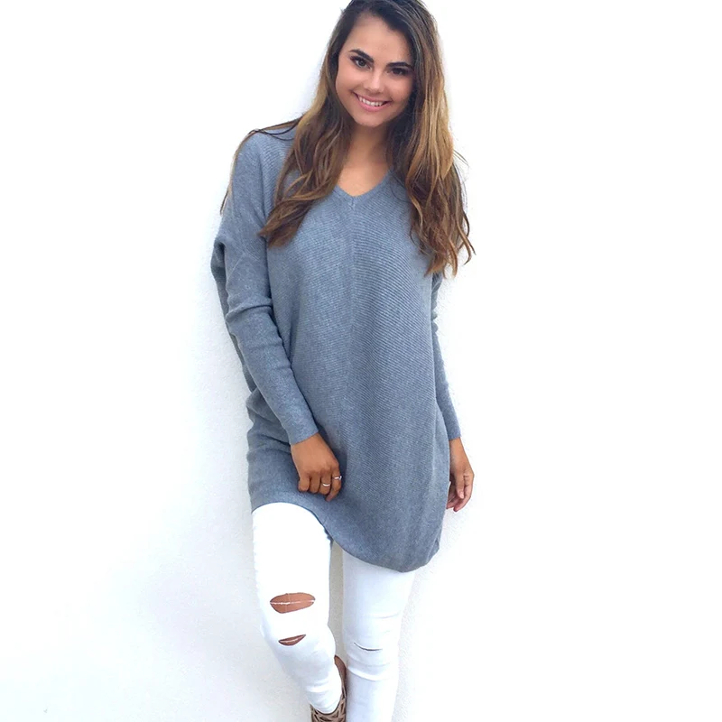 

Autumn Winter Sweater Female Lengthen Knitted Jersey Jumper Casual Long Sleeve Solid Loose V-neck Pullover Women Clothing TP0020