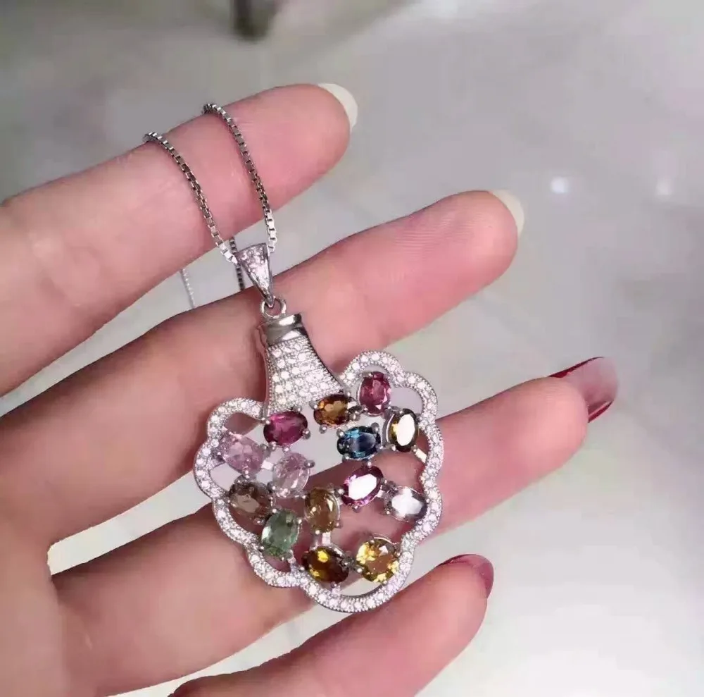 

natural pink tourmaline pendant S925 silver Natural gemstone Pendant Necklace trendy Large Fruit bottles women party jewelry