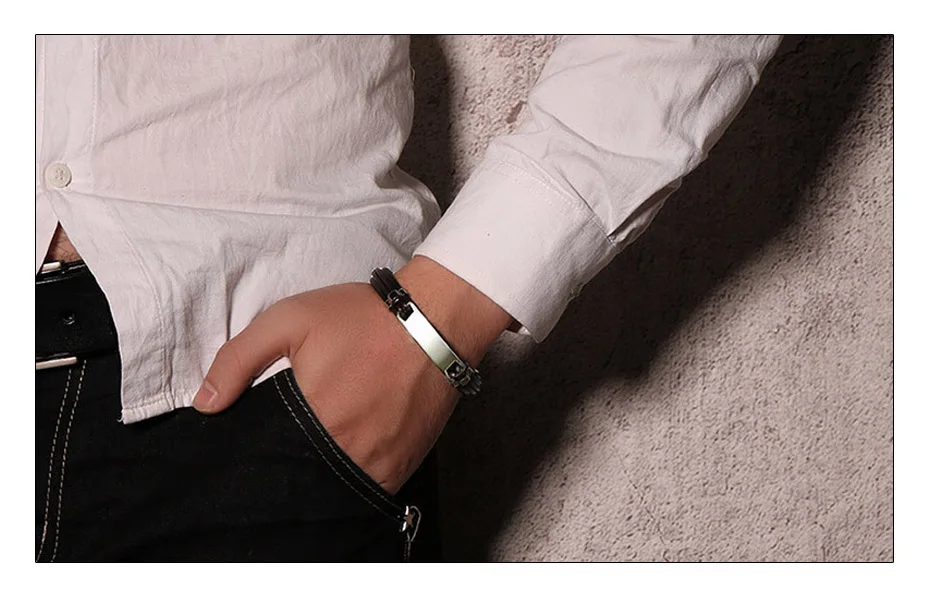 Meaeguet Free Engrave & Laser Personalized Stainless Steel ID Bracelet & Bangle For Men Handmade Genuine Leather Bracelet  (2)