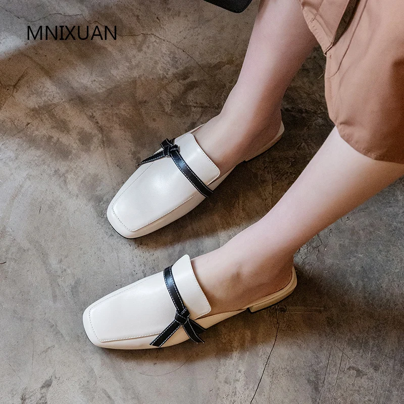 Cuero De Tamaño Hecho Bajo Mnixuan Del Mano Grande Tacón Zapatos 2019 Mujer Beige Real Nuevo Retro Dedo negro A Cuadrado Pie Mulas 40 PxqqICHw