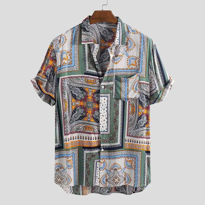 Summer Vintage Ethnic Style Men Shirt Loose Printing Button High Quality Short Sleeve Vacation Beach Hawaiian Shirts Camisa - Цвет: Green Shirt