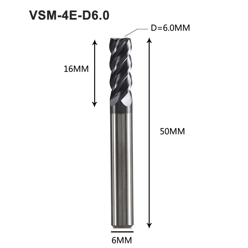 1 шт. VSM-4E Концевая фреза из карбида вольфрама 4 флейты с квадратной головкой с покрытием Концевые Фрезы с ЧПУ фреза для термостойкого сплава, титана - Длина режущей кромки: VSM-4E-D6.0