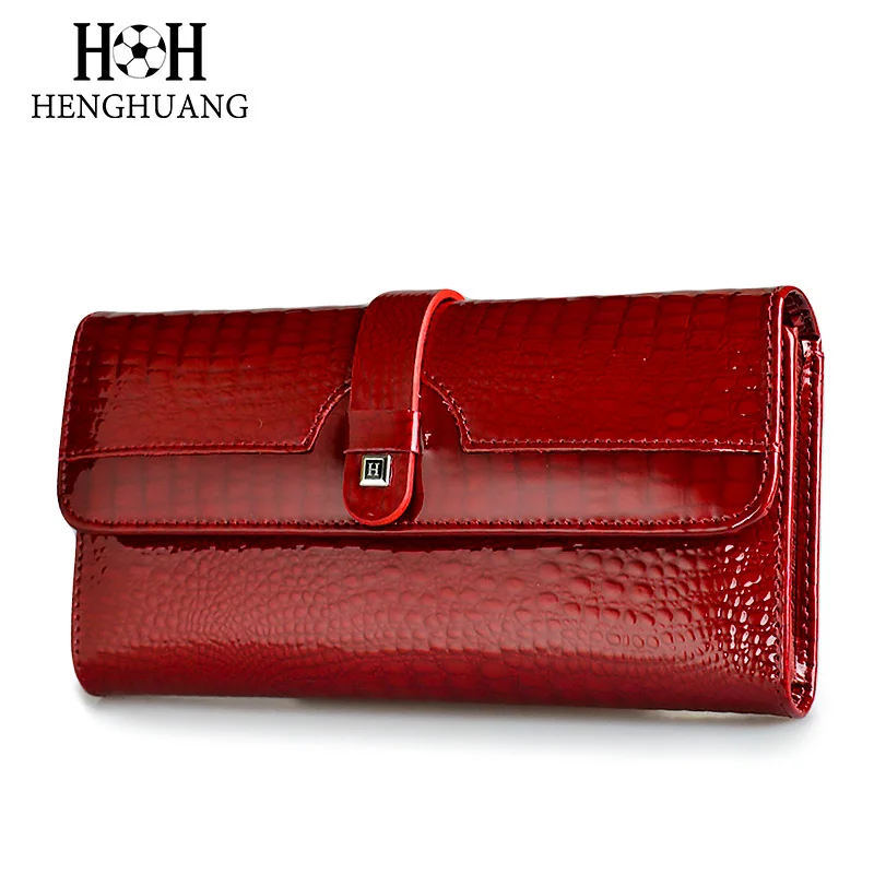 HH Women Long Wallet Genuine Leather Wallets Red Aligator Pattern Cowhide Purse Three Fold Large Capacity Clutch Wallet Luxury HH Women Long Wallet Genuine Leather Wallets Red Aligator Pattern Cowhide Purse Three Fold Large Capacity Clutch Wallet Luxury