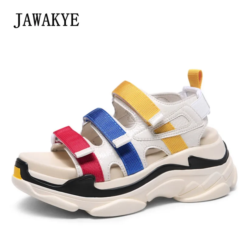 

2018 Runway Beach Sandals Woman Peep Toe Mixed Color Patchwork Thick Bottom Platform Wedges Shoes Woman Gladiator Sandals Casual