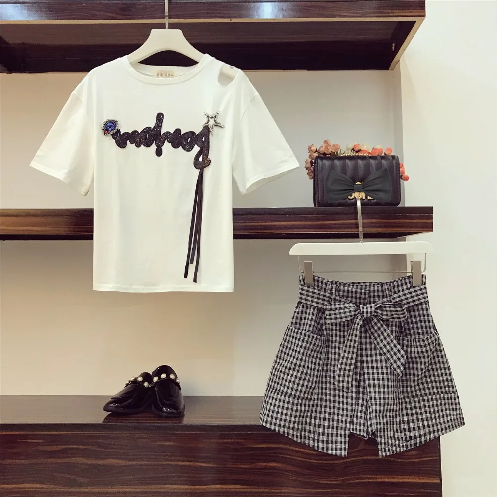 2018-New-Summer-Fashion-Students-Suits-Sequins-Letter-Short-Sleeve-White-Tops-Casual-Plaid-Skirt-Shorts_