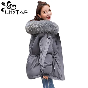 

UHYTGF Winter Warm Jacket Women Tops Plus size Clothes parkas mujer 2018 Short Coats Big fur collar Hoodies Casual Cotton Jacket