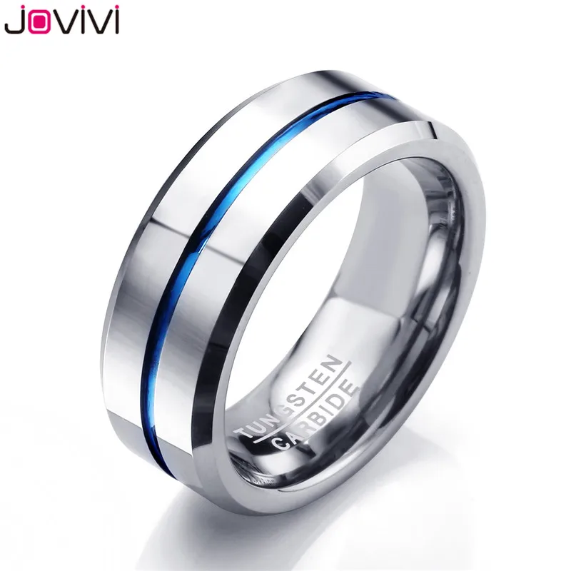 JOVIVI последние Дизайн мужские 8 мм полированная Silver & Blue в полоску Вольфрам карбида Кольца Обручение палец обручальное кольцо комфорт fit