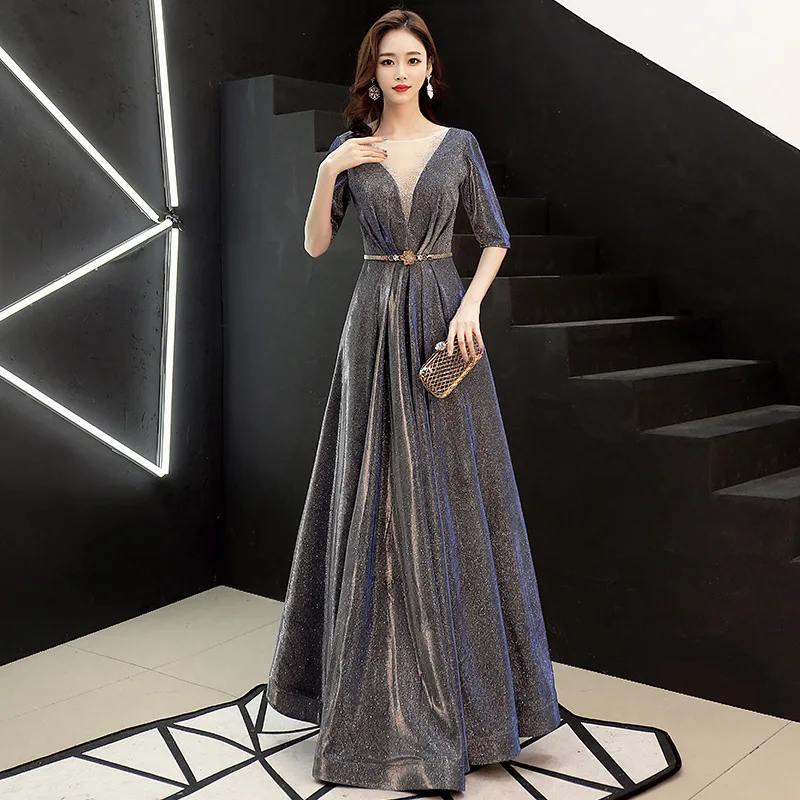 

2019 Rhinestone Starry Deep V-neck Evening Dress prom gowns vestido de festa Elegant Luxury Sequin knitting Formal Party dress