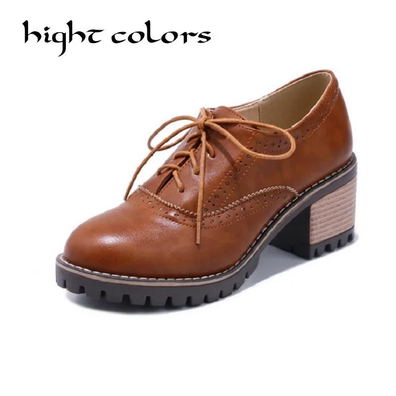 

New Women PU Leather Thick High Heels School Shoes Vintage Lace Up Round Toe Oxford Shoes For Women Pumps Sapatos Size 26.5cm