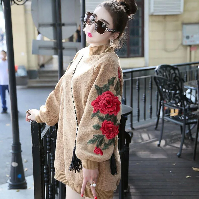 YingYuanFang Модные осенние и зимние новые вышитые цветы ягненка длинный рукав круглый вырез пуловер толстовки