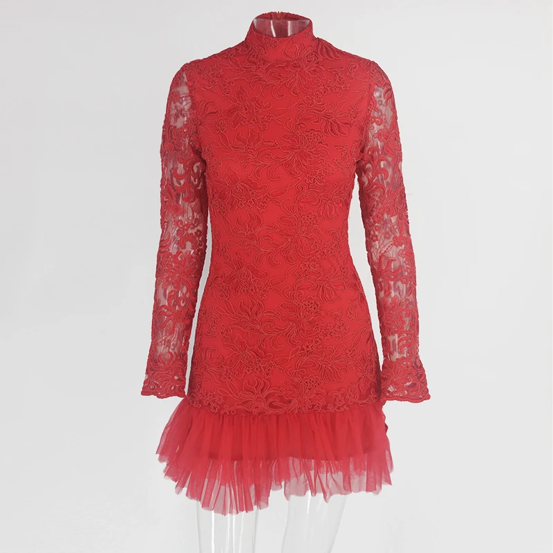 Thereadict кружевное сексуальное короткое платье для женщин, элегантное женское платье с длинным рукавом и вышивкой, весеннее праздничное платье festa robe femme - Цвет: Красный