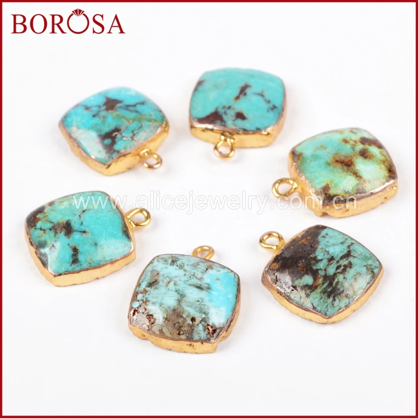 

BOROSA Gold Color Square Carved Surface Natural Turquoises Charm,Druzy 100% Blue Howlite Gems Charm for Earrings DIY G0628