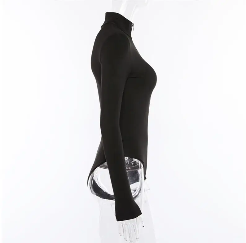 Для женщин новый черный на молнии водолазка одноцветное боди мода с длинным рукавом Дикий комбинезон молочного шелка Эластичный Slim fit