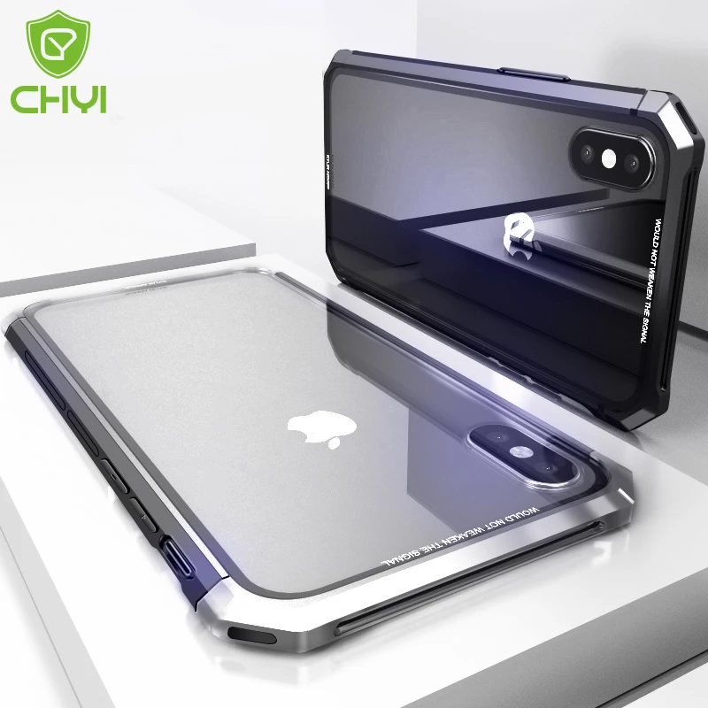 

CHYI Metal glass combination Case for iPhone Xs Max Clear Tempered Glass back Aluminum alloy metal bumper for iphone 7 8 X XR