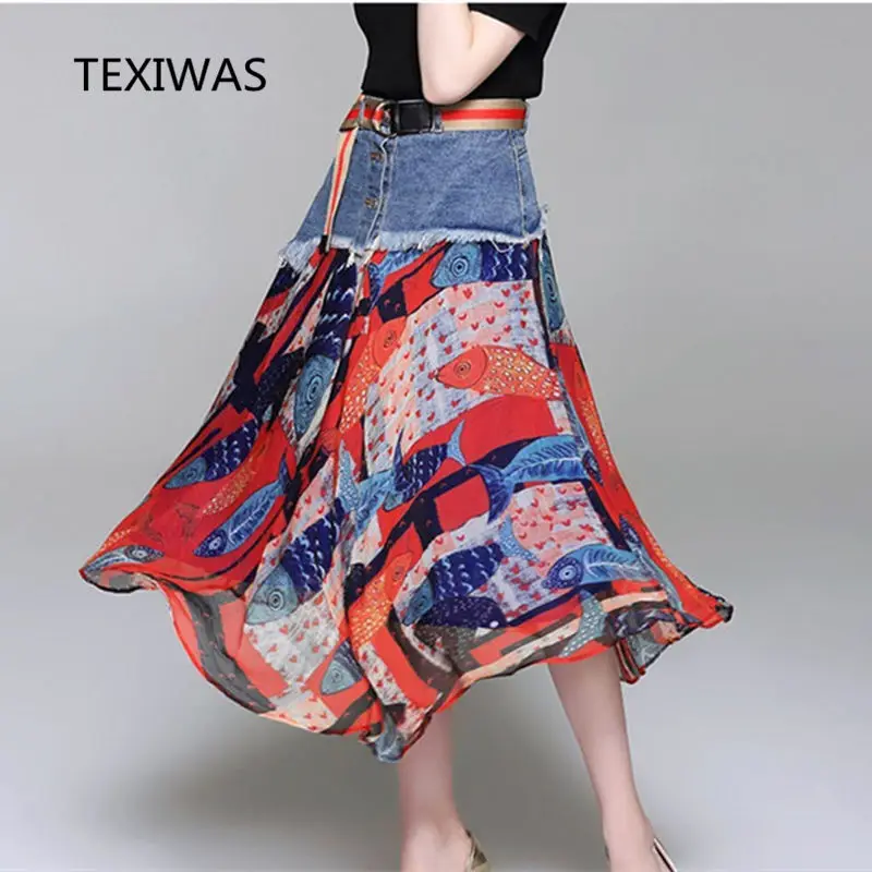 

TEXIWAS Summer Skirt Women Vintage Denim Splice print Floral High Waist Pleated ruffle street Skirts