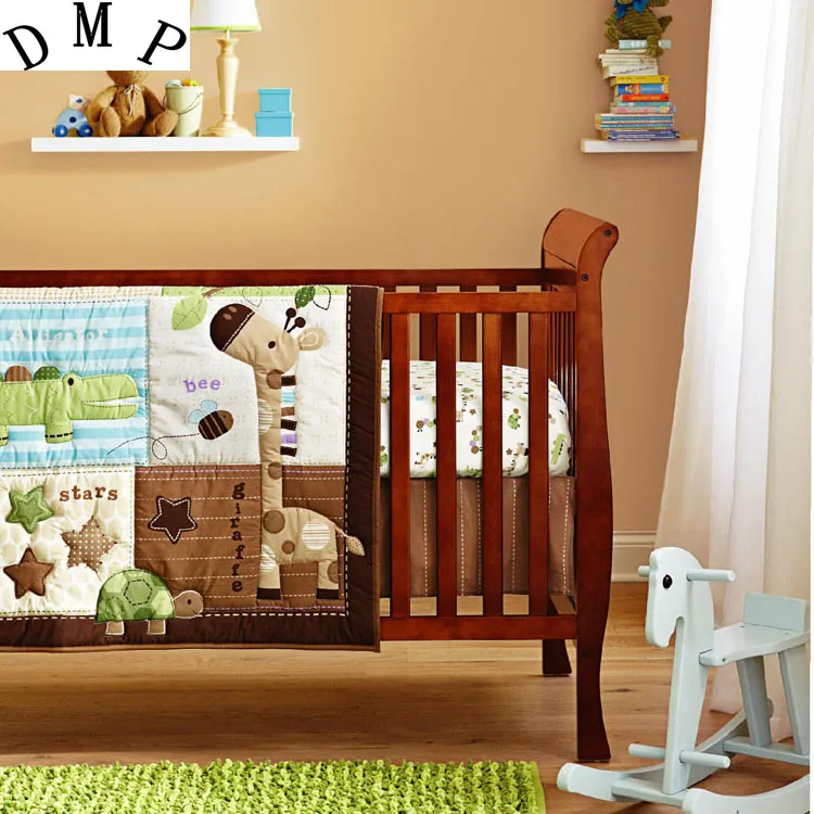 

Promotion! 6PCS Baby Crib Bedding Sets boys bed kit Embroidered Quilt Bumpers Sheet Cot set,include(bumper+duvet+bed cover)