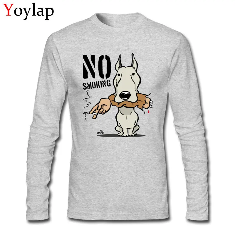 O Neck T Shirts Funny Fall Tops T Shirt Long Sleeve for Men Cheap Cotton Fabric No smoking cartoon dog Group Tee Shirt No smoking cartoon dog grey