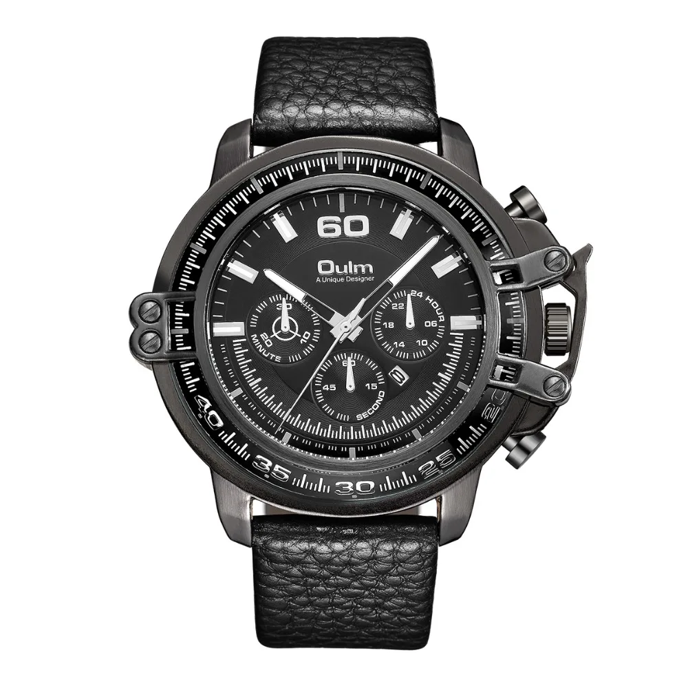 

New Oulm Brand Luxury Watches Men with Date Analog Digital Watch Male Genuine Leather Calendar Alarm Quartz Wrist Watch Man