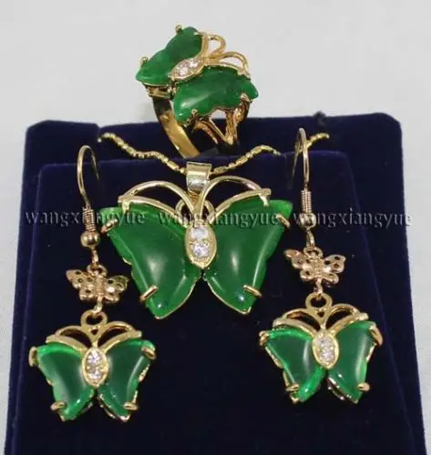 

Inlay Green Jade Ring earrings Necklace Pendant Set^18K GP style Fine jewe Noble Natural jade FREE SHIPPING