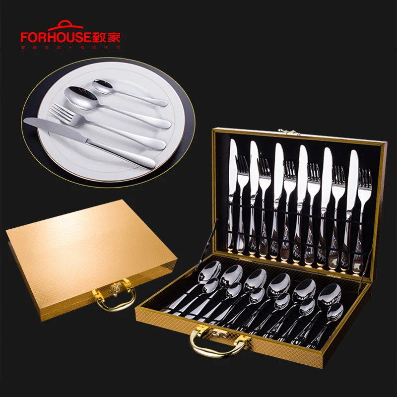 

24pc/set Stainless Steel Dinnerware Set Spoon Fork Knife Kits With Gift Box Tableware Classic Dinner Set for Hotel Home