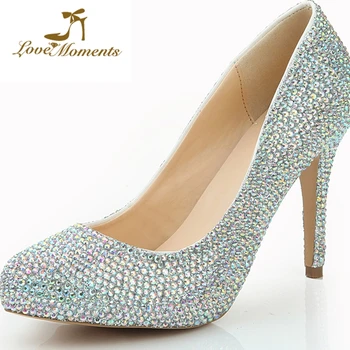 

Dazzling Rhinestone Wedding Formal Dress Shoes Nightclub Banquet Lady Shoes AB Crystal Heel Shoes 4 Inches Cinderella Prom Pumps