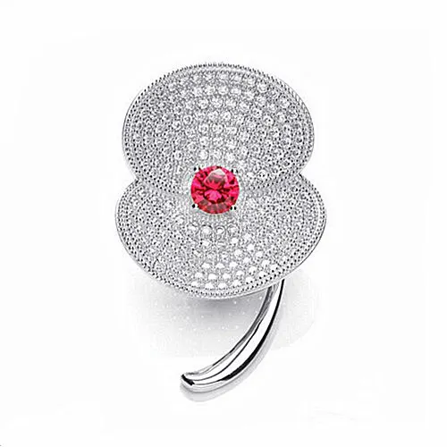 2 White Gold Tone Clear CZ Rhinestone Crystal Diamante Sparkly Poppy Brooch