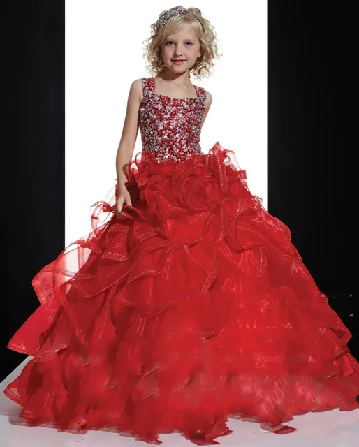 Cheap Custom Children Princess Dresses Performance Evening Party Prom Girls Red Long Dresses Flower Girl Dresses for Wedding