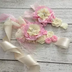 Дешевая повязка на голову и пояс, Розовая атласная лента с жемчужинами, пояс с цветочным узором для девочек, украшение для беременных
