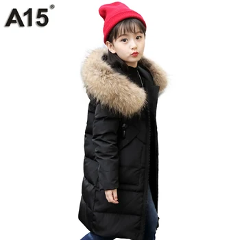 

A15 Girls Down Jacket 2017 New Cold Winter Thick Fur Hooded Long Parkas Big Girl Down Jakcet Coat Teens Outerwear Overcoat 12 14