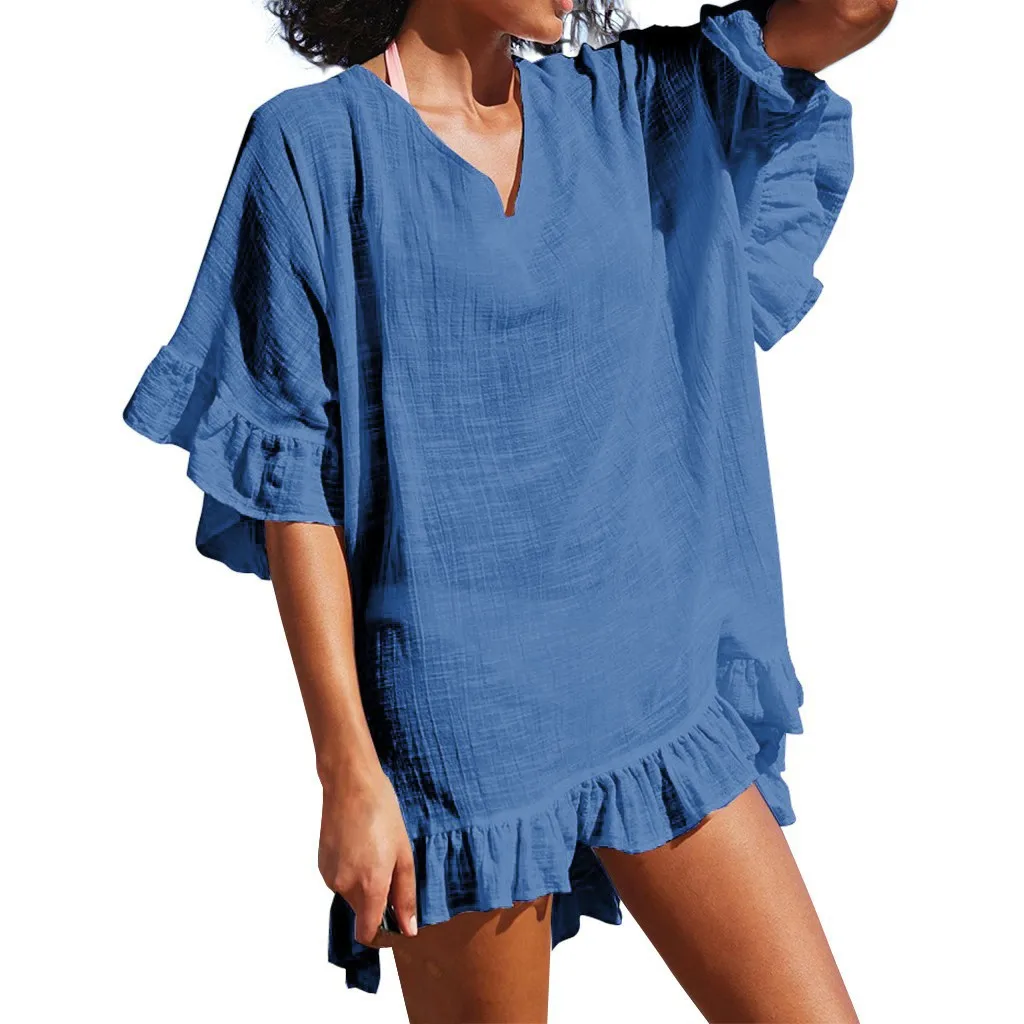 CHAMSGEND Женская летняя сексуальная модная шифоновая пляжная юбка с v-образным вырезом блузка модное Повседневное платье Солнцезащитная гофрированная блузка