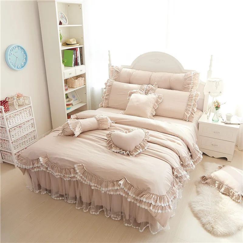 

Ruffles Lace Luxury Bedding Sets 100% Cotton Full Queen King Size Princess Bed Set 4/7pcs Duvet Cover+Bedskirt+pillowcases