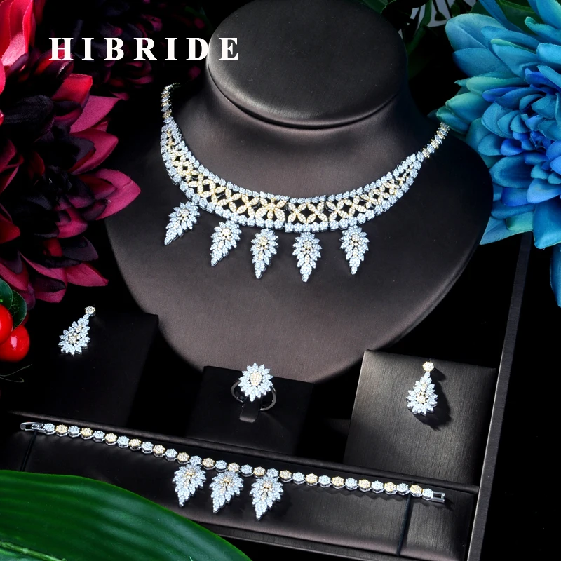

HIBRIDE Brilliant Women Pendant Double Tone Bangle Jewelry Set CZ Earrings Necklace Women Bridal Jewelry Set Party Gifts N-912