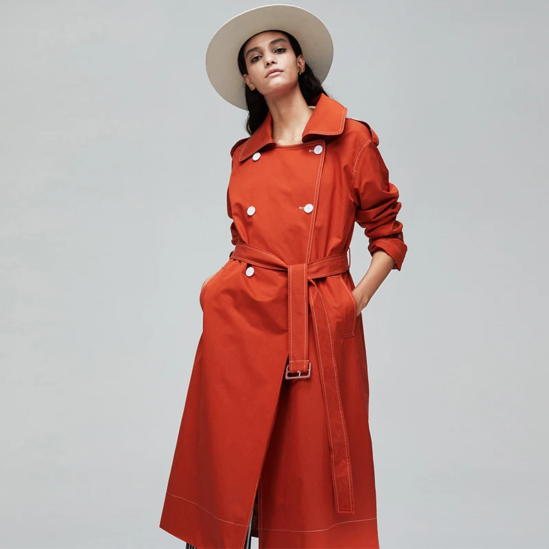 

2019 Red/Gray Long Trench Coat For Women Business Coat Classic Women Trench Coat With Belt Cotton Trench High Quality Streetwear