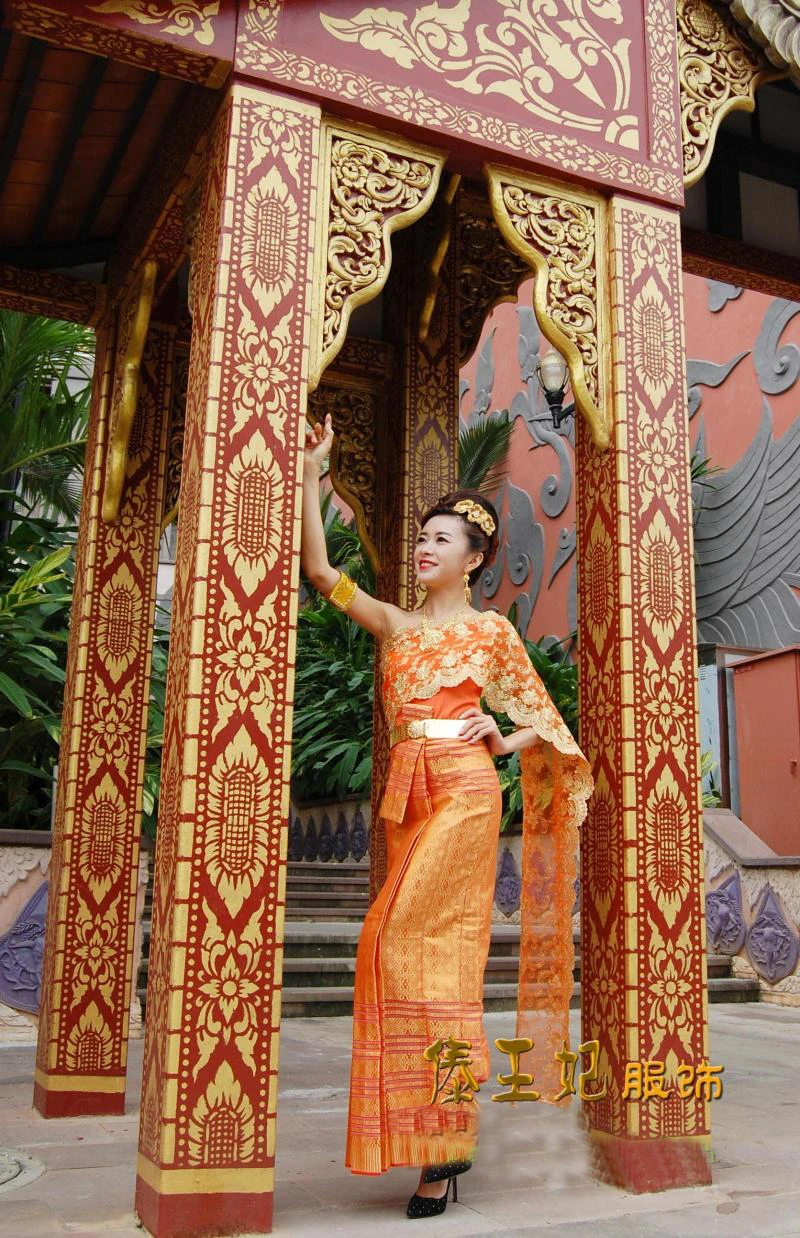 Одежда для китайского национального принадлежности, Юнь Нань Дай, традиционные фигурки Тайланда, Женский костюм оранжевого цвета без рукавов, шаль, шарф, верхняя одежда