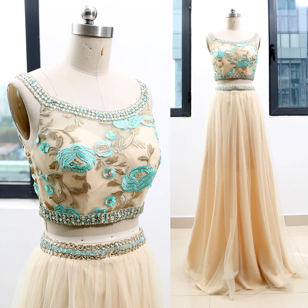 

MACloth Champagne A-Line Scoop Neck Floor-Length Long Crystal Tulle Wedding Party Prom Party Evening Dress S 264487 Clearance