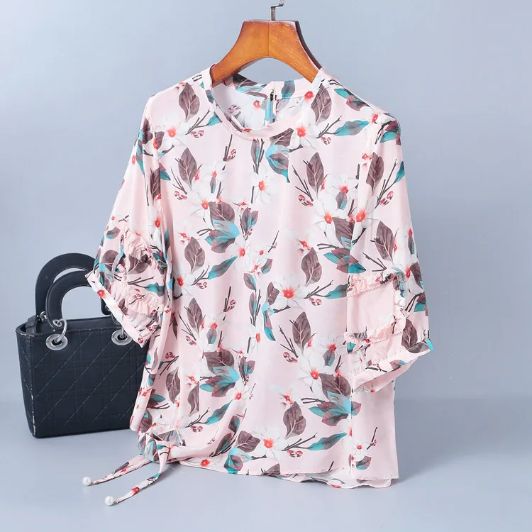 

T Shirt Summer Woman 2019 New 100% Silk Printed Round Neck Short Sleeves Loose Casual Women Tops Female S-XL
