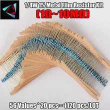 1120 шт металлический пленочный резистор 0,25 W 56 значений 1/4W 0,25 Вт 1% металлическая пленка сопротивление Ассорти комплект(1 Ом-10 м Ом