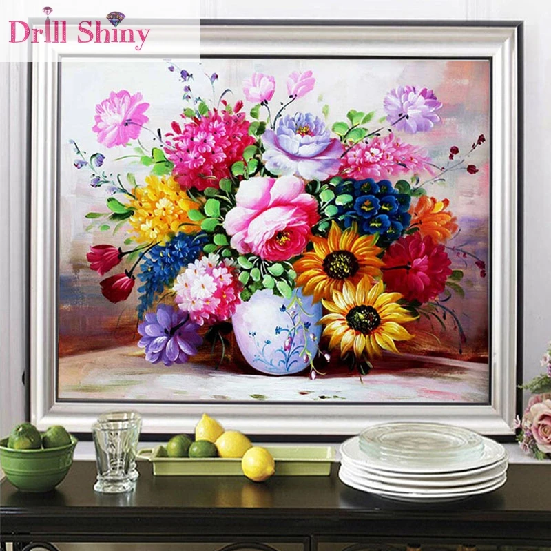 

Floral 5D Diy Diamond Painting Full Square Mosaic Flowers Vase Printed Embroidery Paintings Rhinestone Needlework Decor