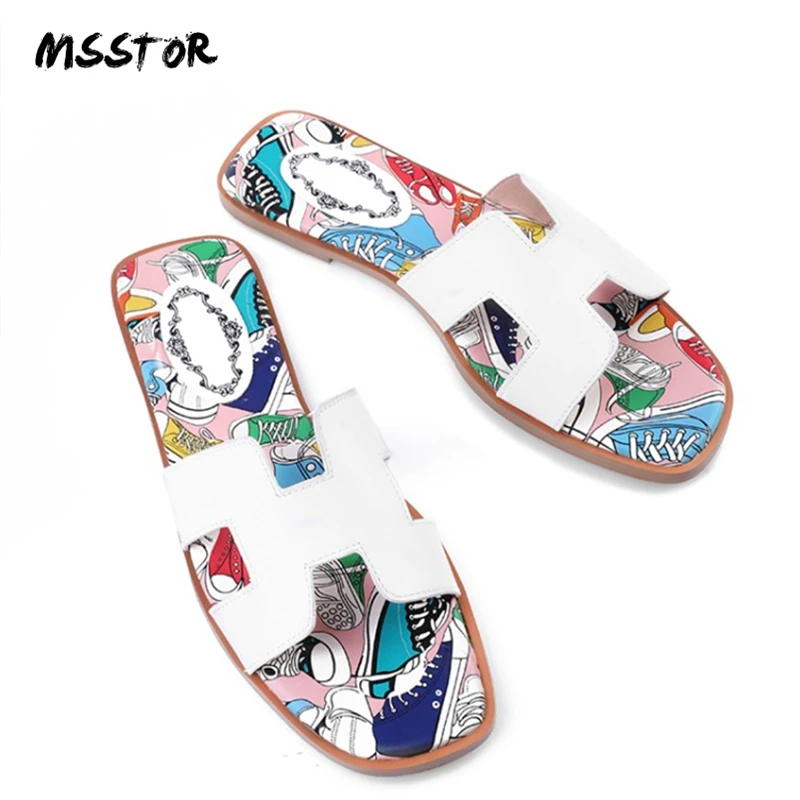 

MSSTOR Peep Toe Flats Women Slippers Outdoor Graffiti Cow Leather Summer Women Shoes Casual Concise Flip Flop Women Shallow